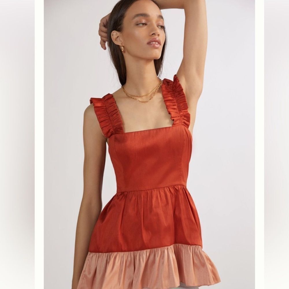Anthropologie Savin + Babi Red Flouncy Colorblock Bow Blouse top women’s Small
